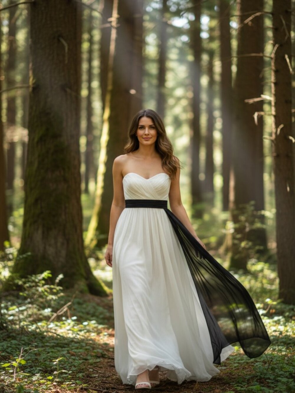 BCBG Long white dress gown with black sash Size 6